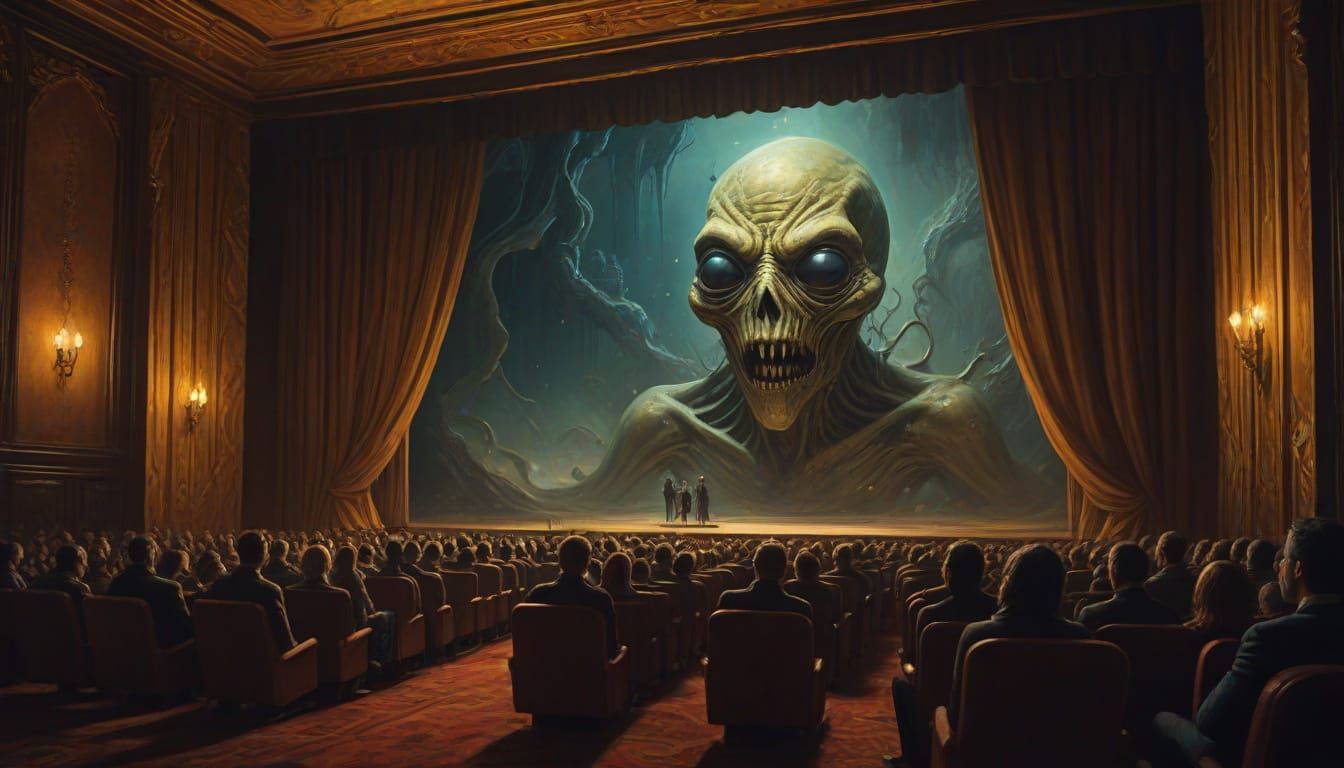 Surreal Alien Theater Scene in Vibrant Oil Painting Style