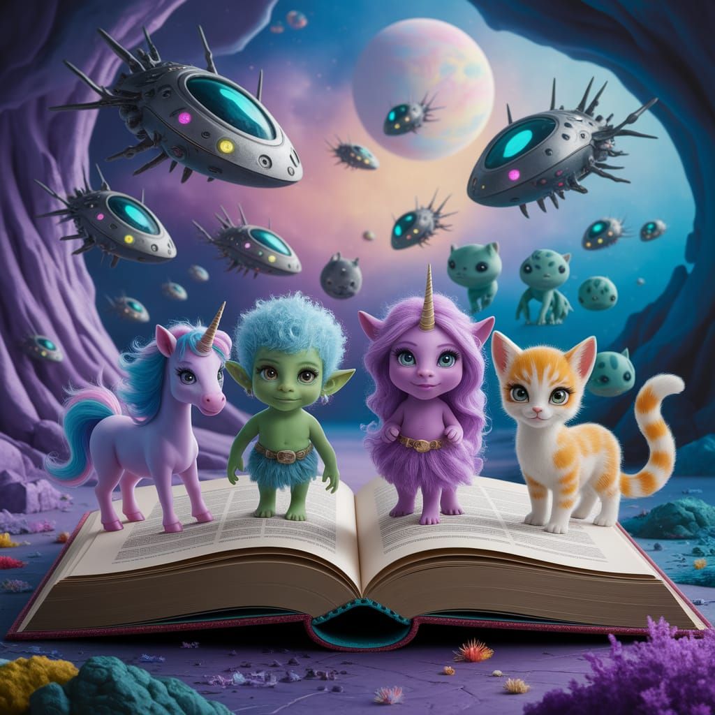 Fantasy Adventure Book with Unicorns and Spaceships