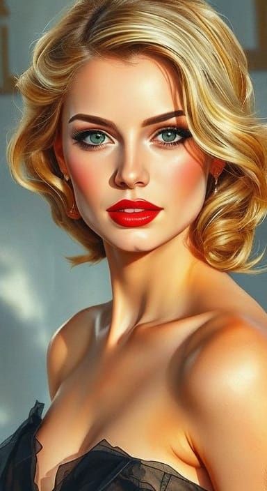Glamorous Pin-Up in Watercolor, Golden Hour Lighting