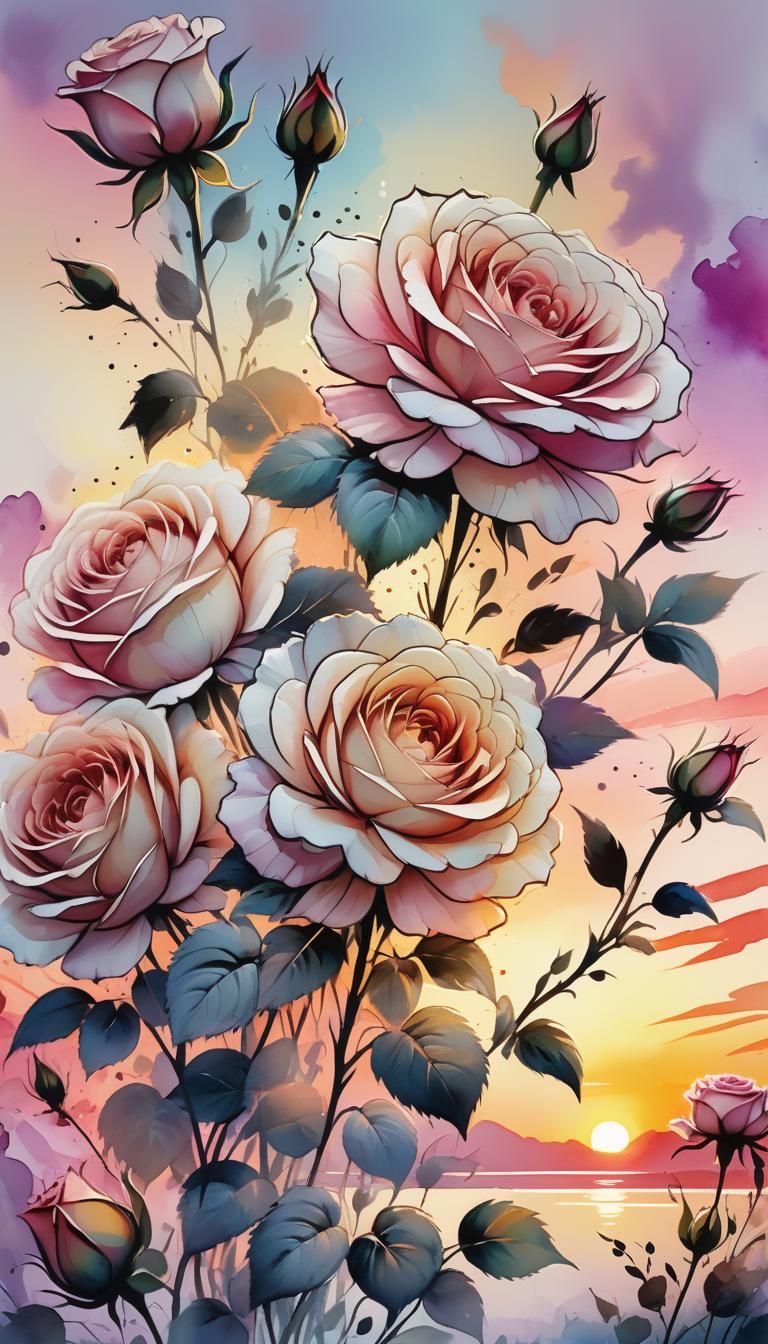 Pale Rose Flowers Sunset in Watercolor Graffiti Art