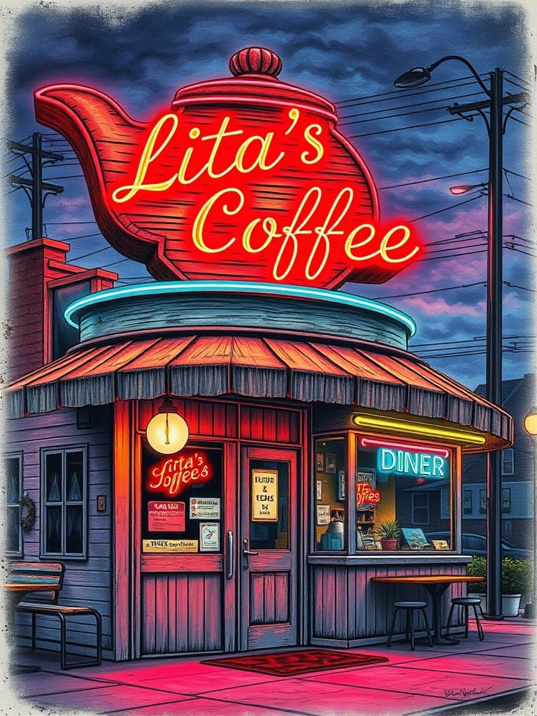 Neon-Lit Diner at Dusk in Giger Shading Style