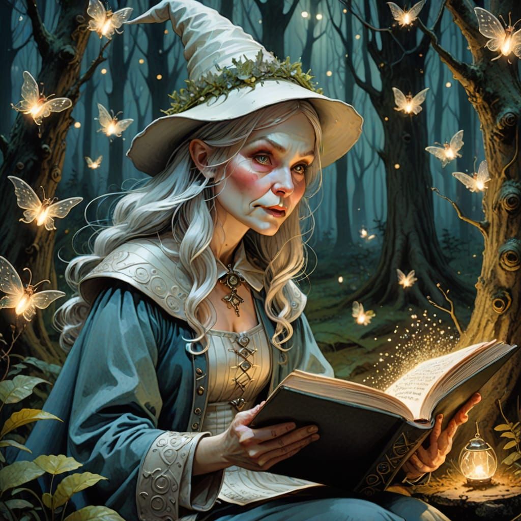 Enchanting White Witch Reading Book with Fairies