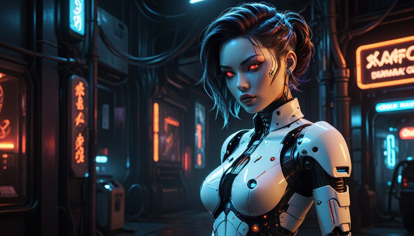 Cyberpunk Gynoid Pinup in Gothic Gil Elvgren Style