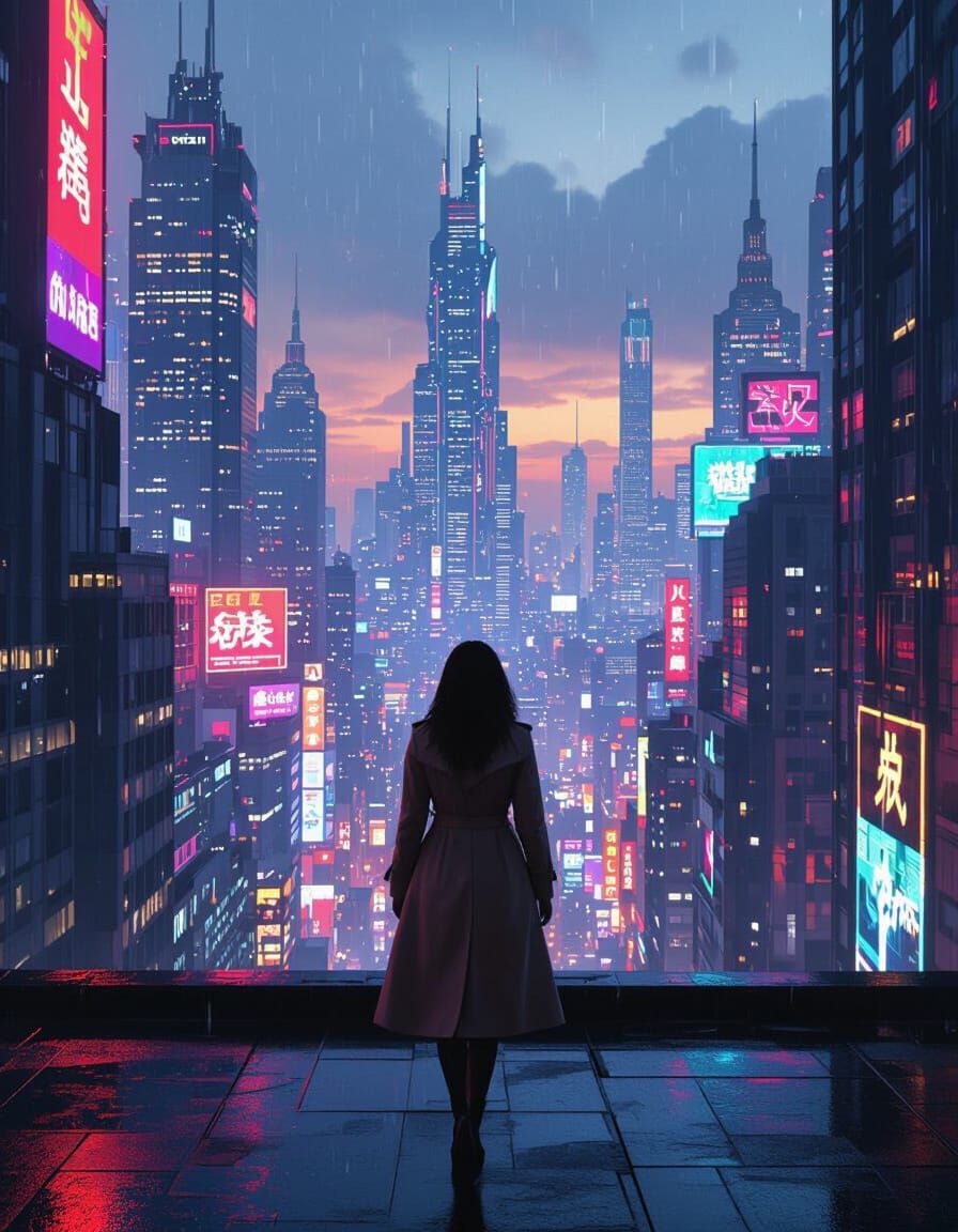Woman on Rooftop Overlooking Neon Cityscape
