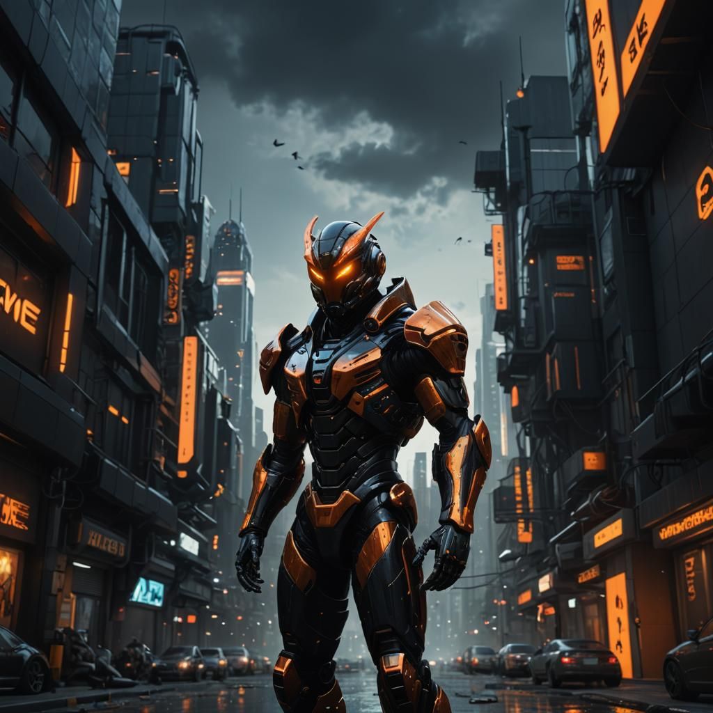 Cyberpunk Armored Figure in Chrome Orange and Black
