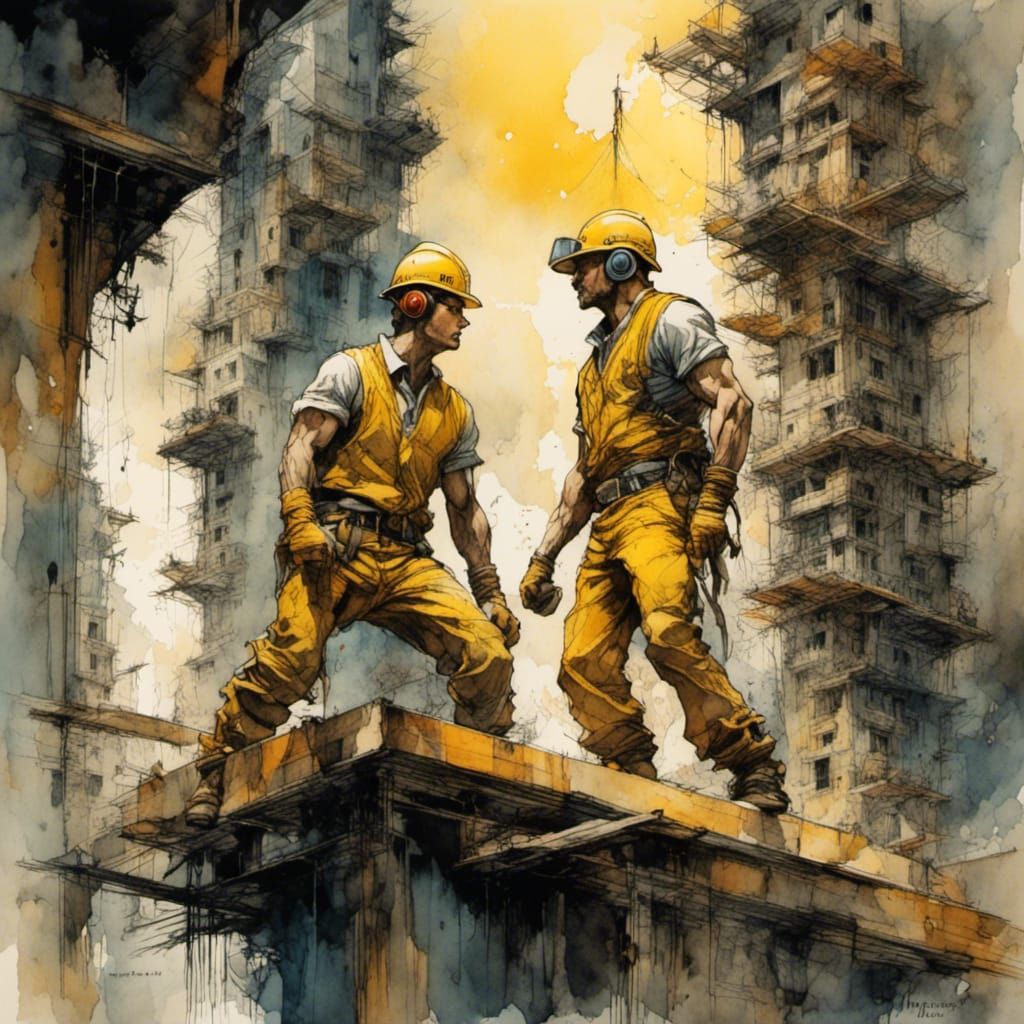Construction Workers Boxing: Romantic Watercolor Comic Art