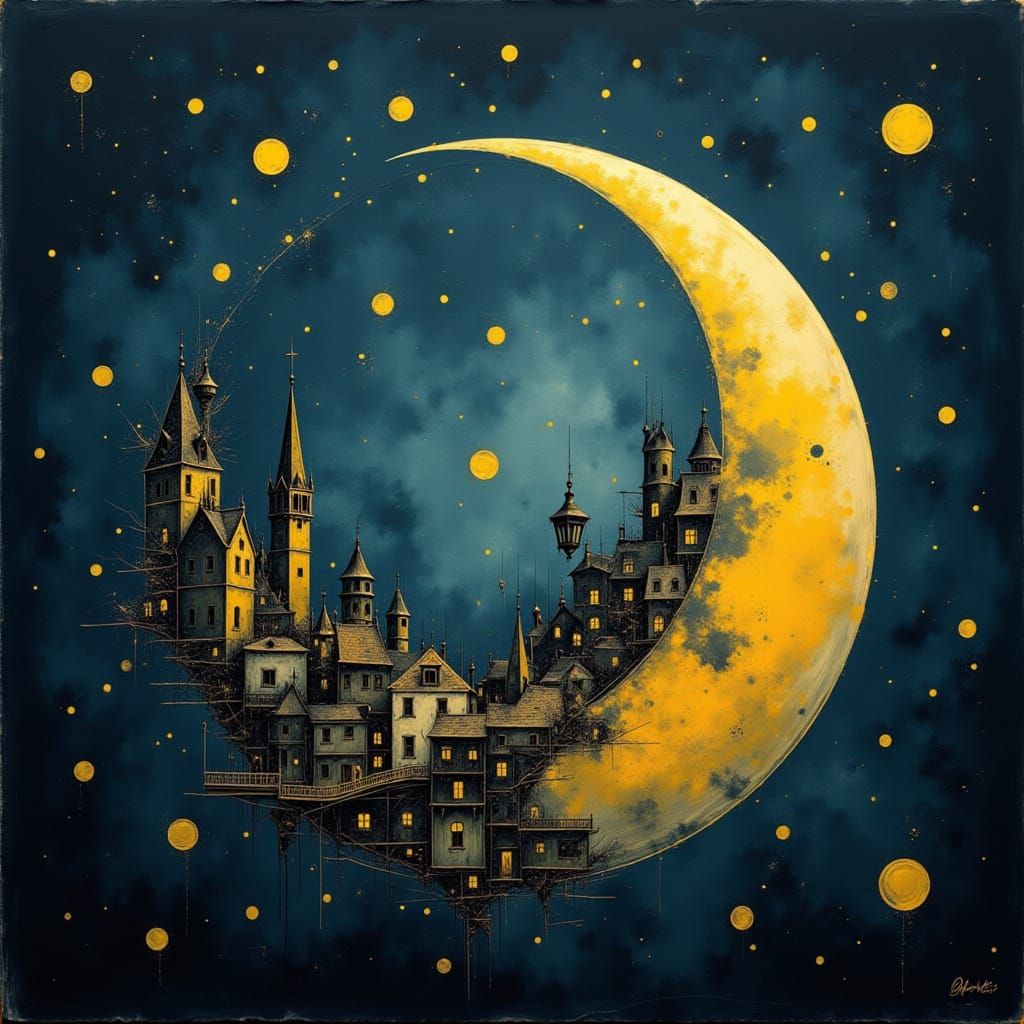 Crescent moon with a victorian city inside of it representing, city inside ...