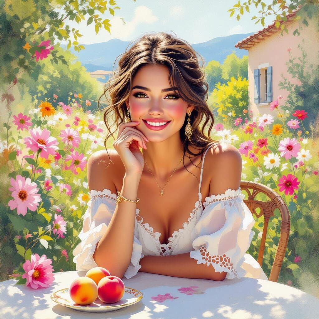 Woman in Provence with Peach, Dreamy Whimsical Art