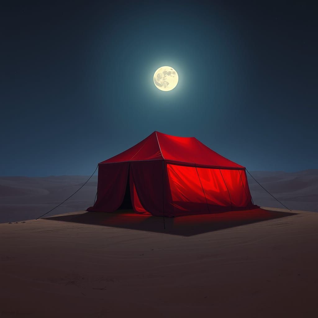 Red Desert Tent Under Moonlight: Digital Painting