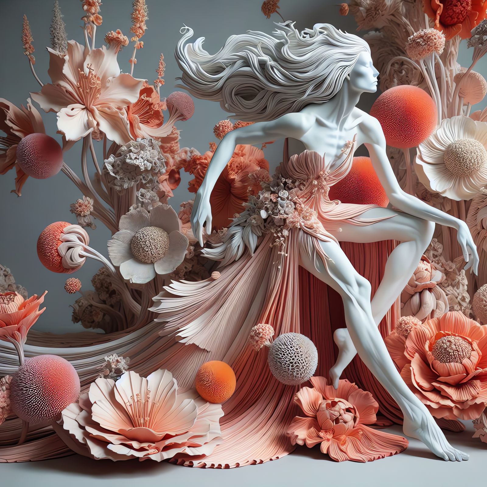 Surreal Mannequin Sculpture with Floral Cascade