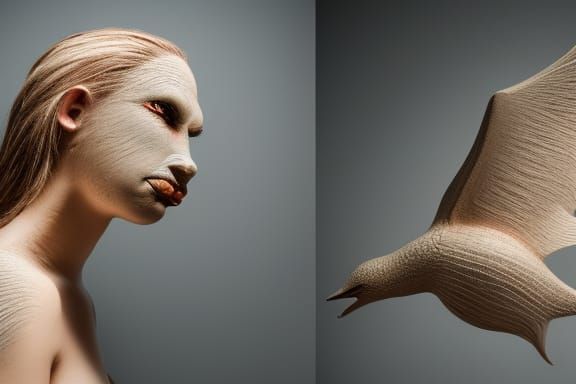 Swallow-Woman Hybrid in Surreal Celestial Scene