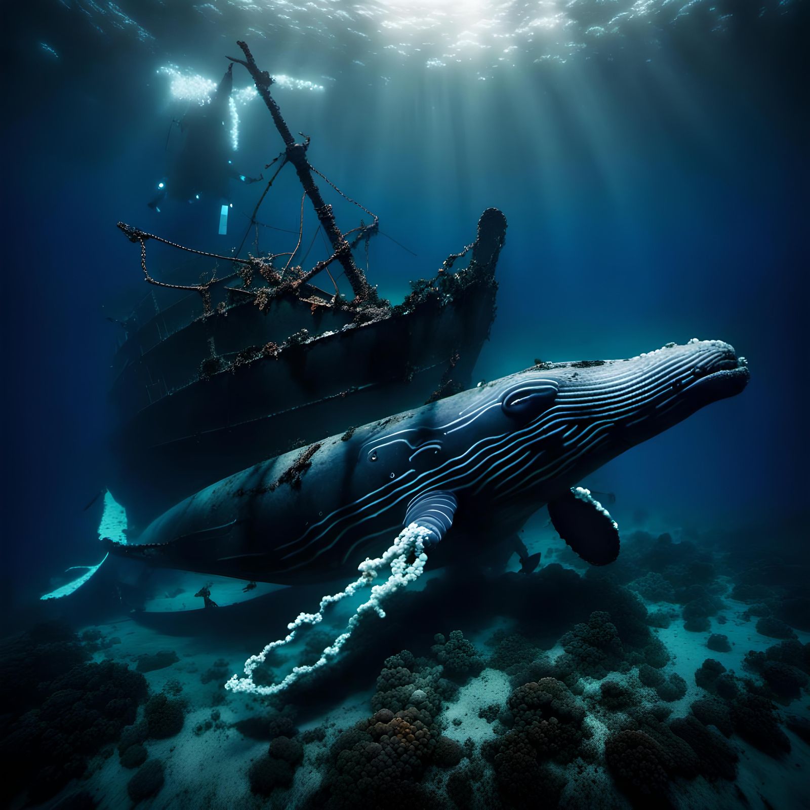 Humpback Whale and Shipwreck in Deep Water