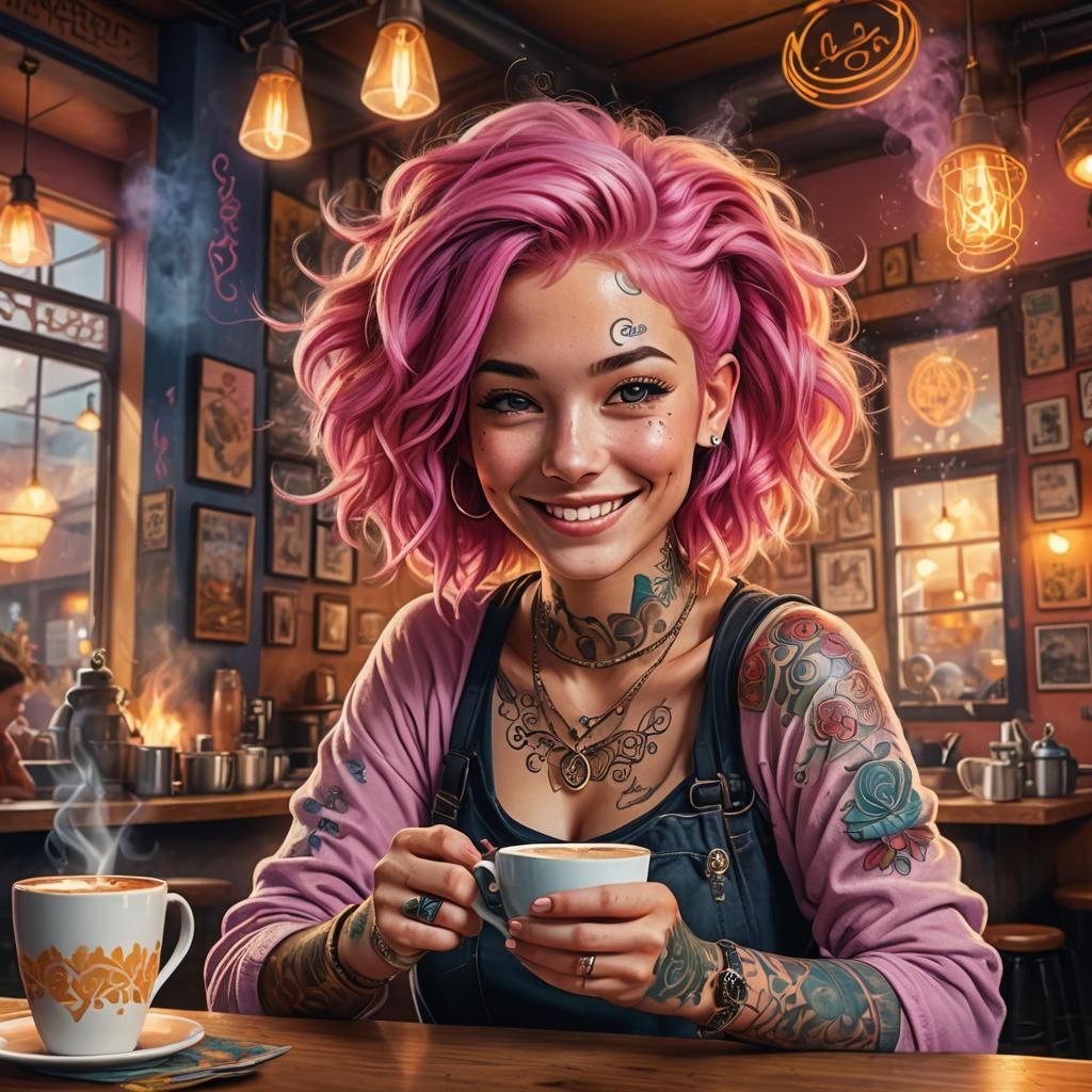 Smiling Woman with Pink Hair in Coffee Shop