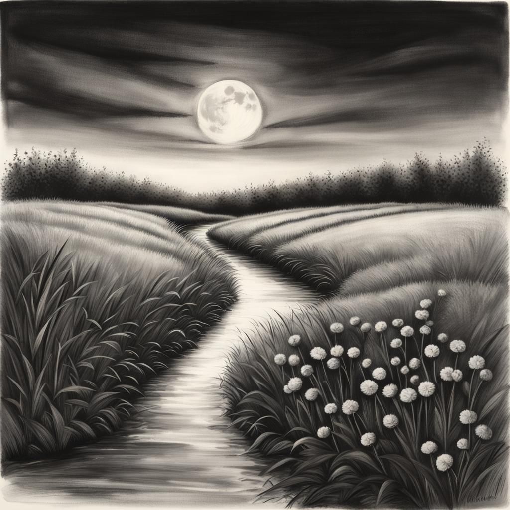 Moonlit Clover Field: Charcoal Drawing with Motion Blur
