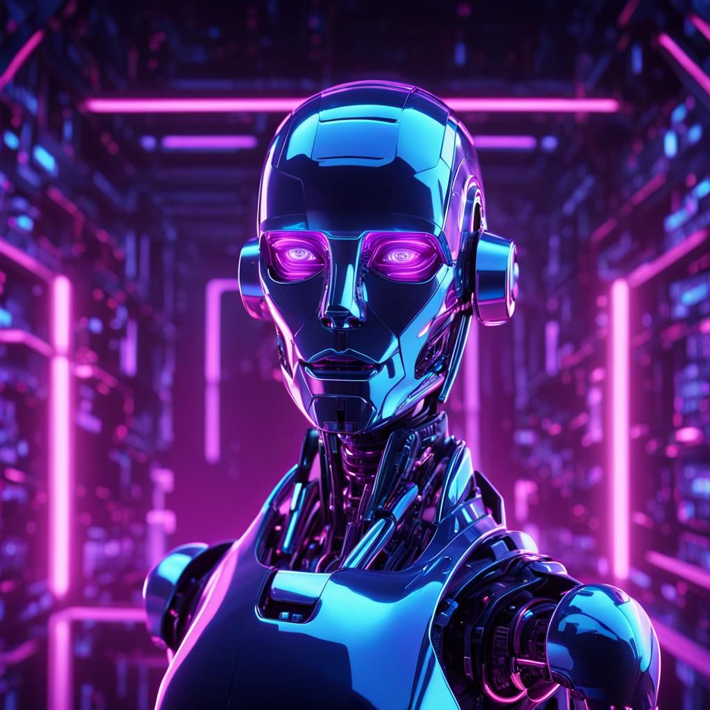 Futuristic Robot in Neon-Lit Room: Digital Art