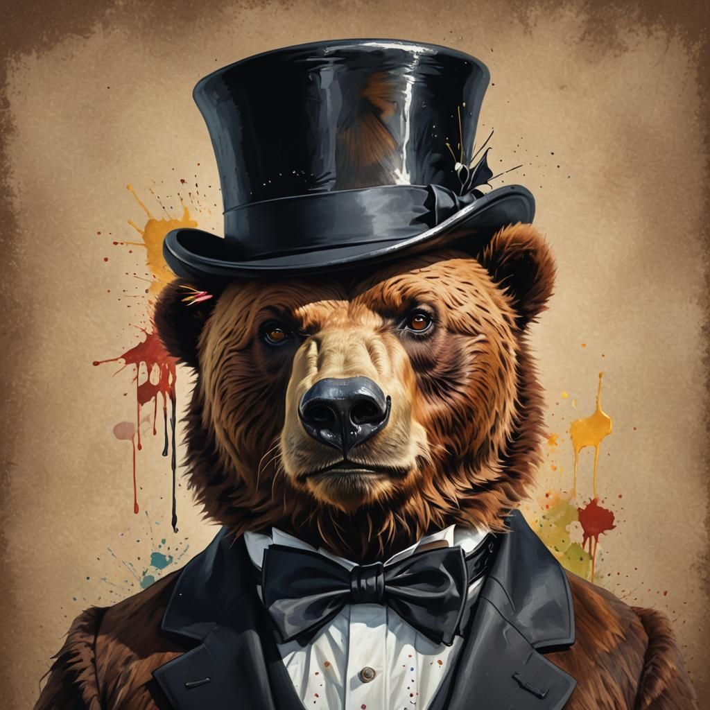 Brown Bear with Top Hat in Hyperrealistic Style