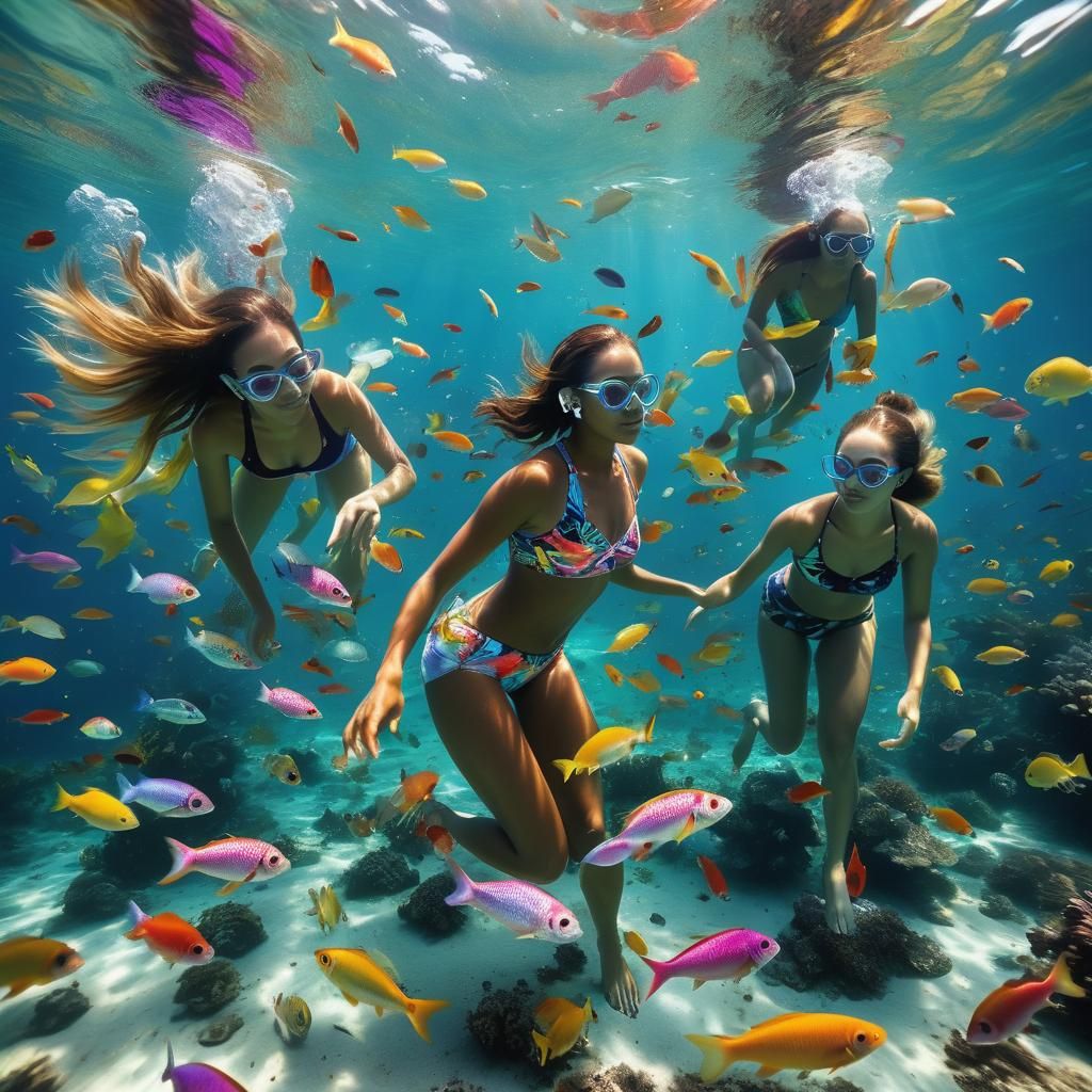 Vibrant Girls Swim with Tropical Fish in a Sunlit Underwater...