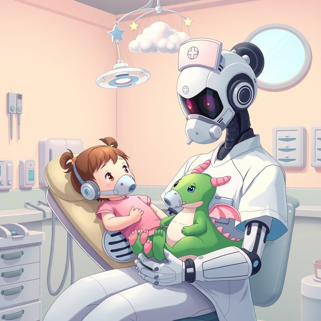 Cozy Anime Pediatric Dental Scene with Robot Nurse