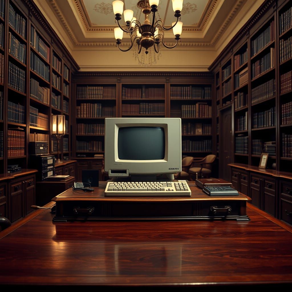 Vintage Computer in Elegant Library Office