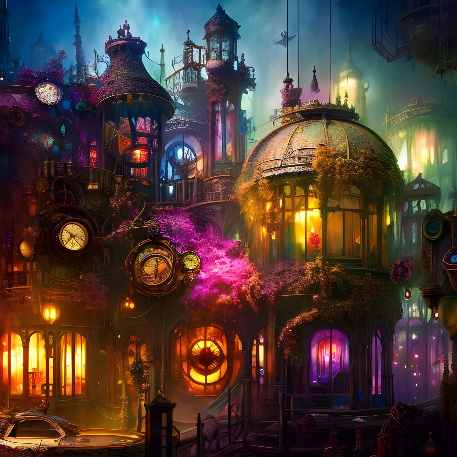 Steampunk Floral Cascade in Ornate Liquid Art Style