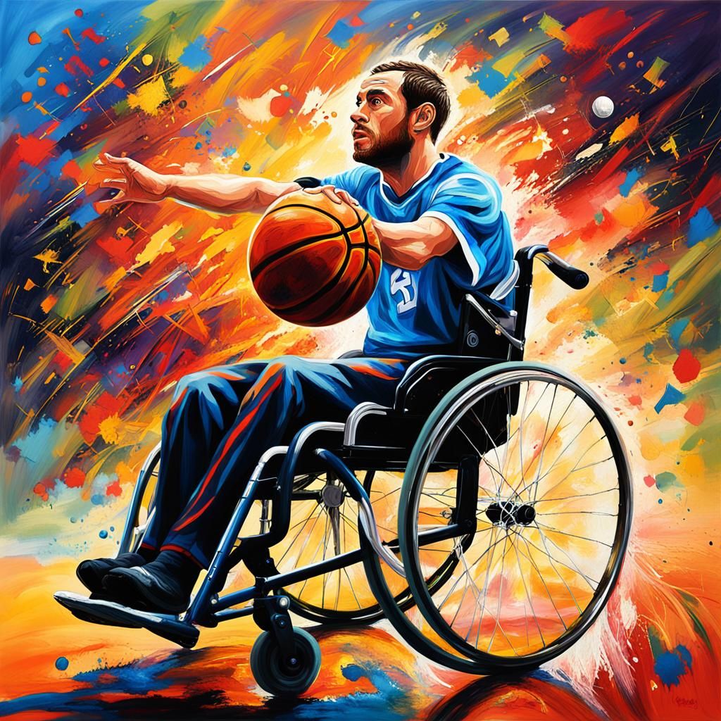 Wheelchair Athlete in Paralympic Tournament as Oil Painting