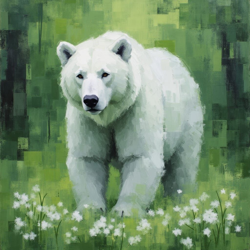 White Bear in Forest Clearing as Oil Painting