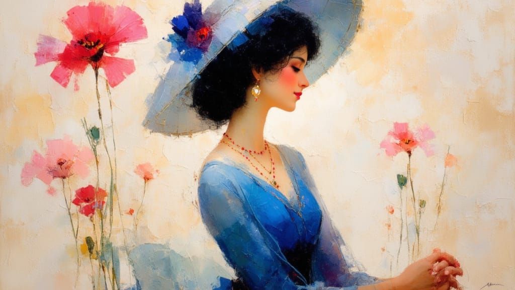 Elegant Woman in Blue Dress, Art Nouveau Portrait