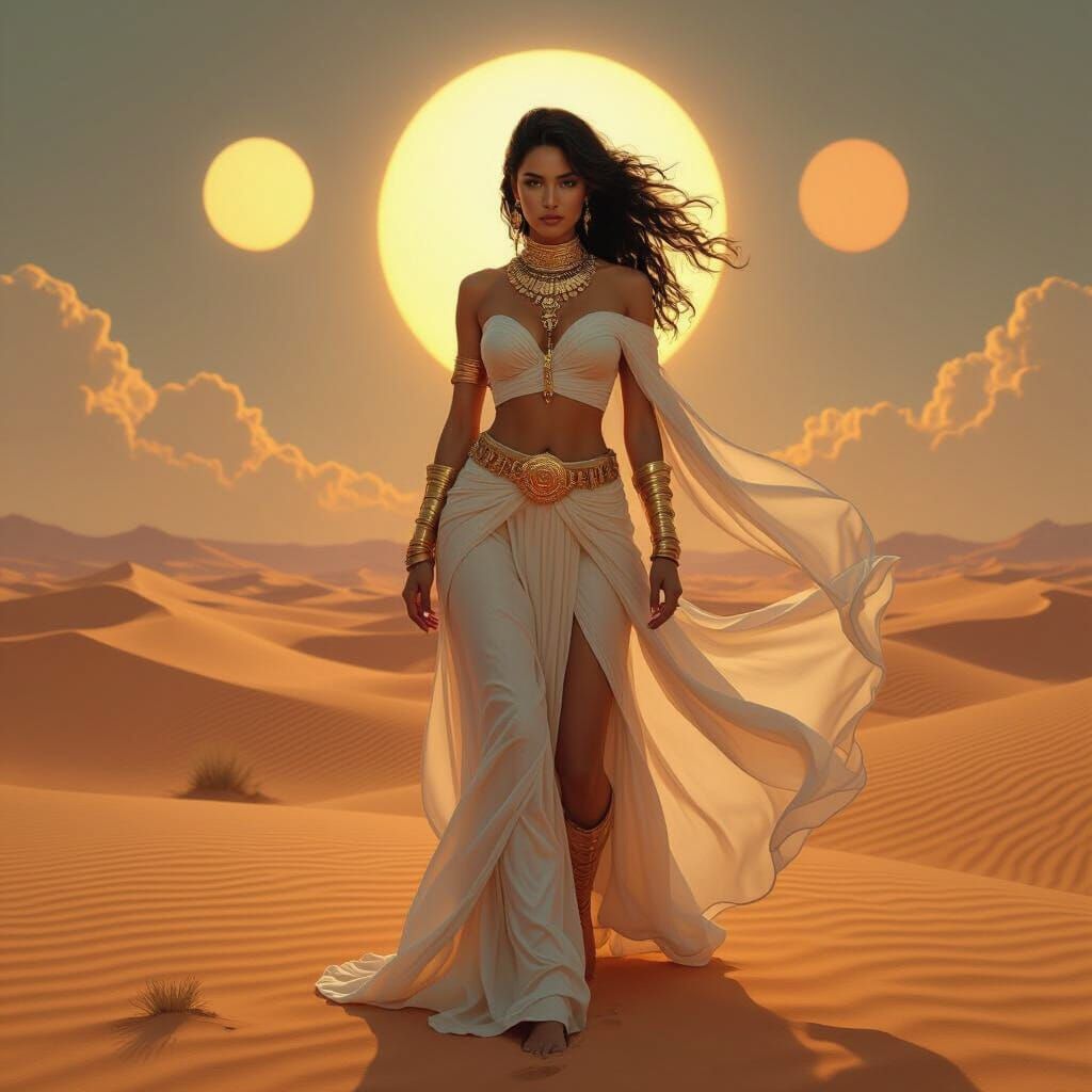 Warrior Woman Under Twin Suns: Retro-Futuristic Desert Art