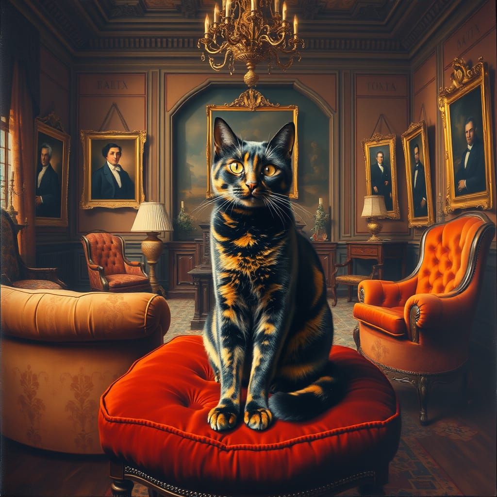 Tortoiseshell Cat Royalty in Surreal Tudor Mansion
