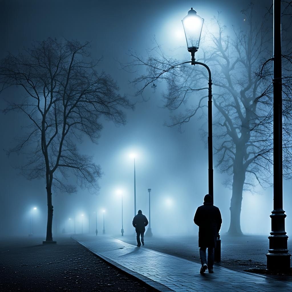 Moody Night Scene: Man Stalked in Foggy Park