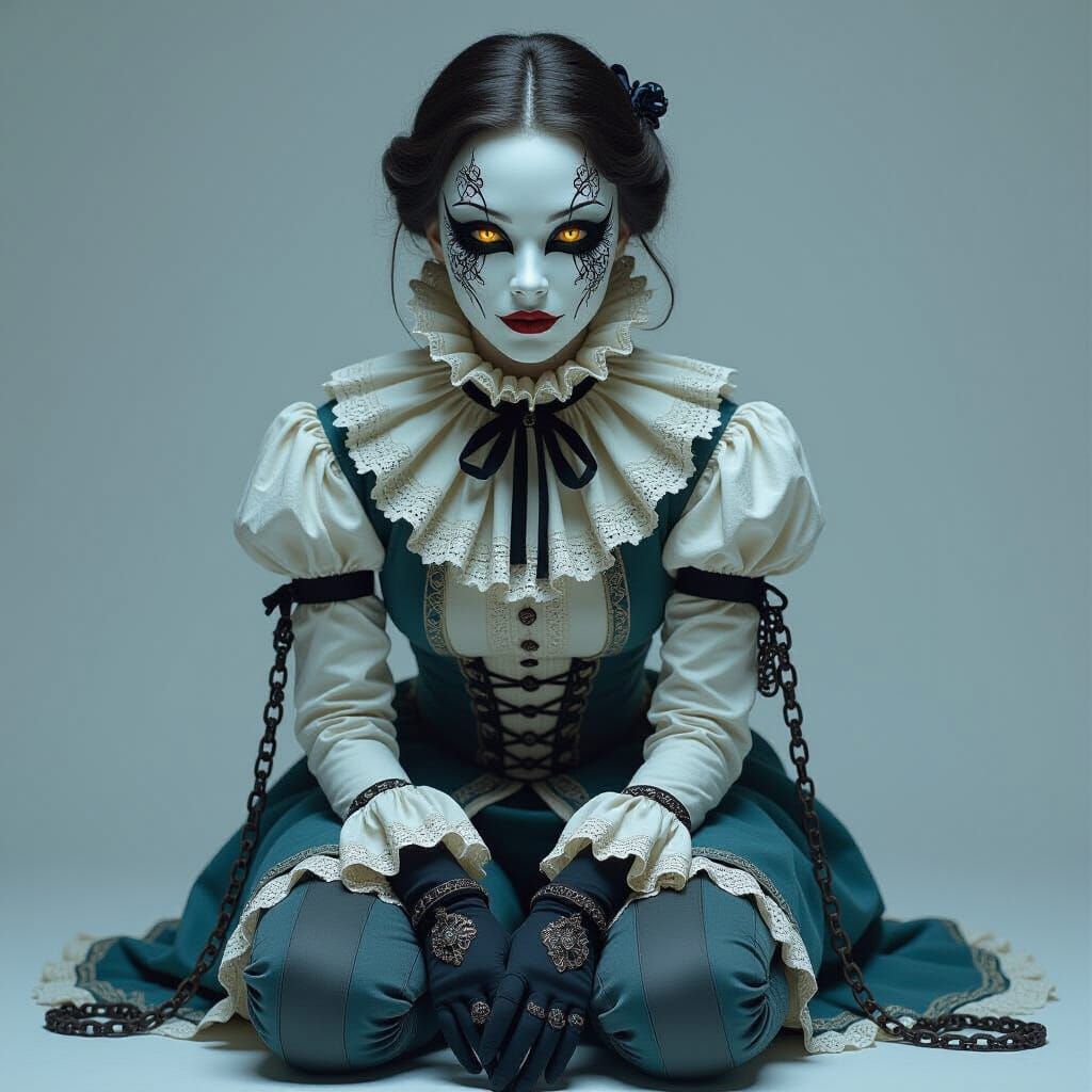 Figure with Cracked Mask in Dark Whimsical Style