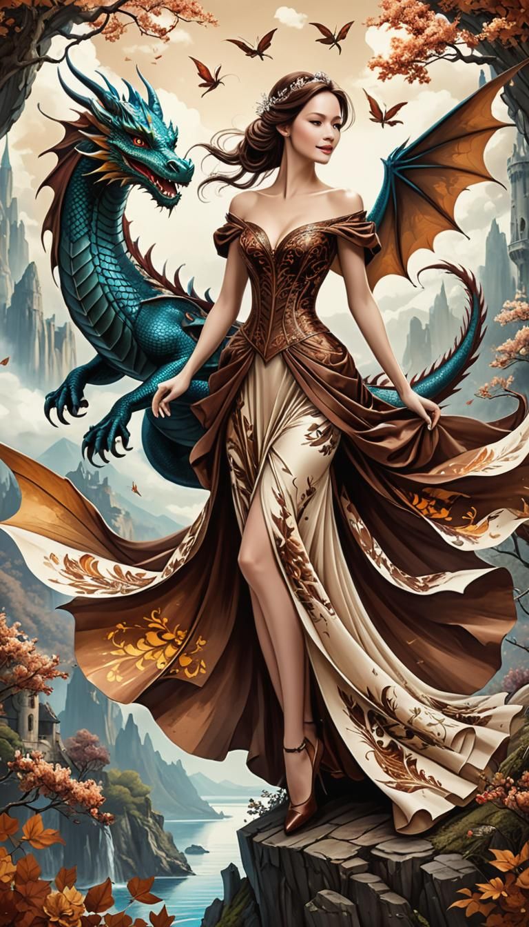 Elegant Woman in Fairytale Kingdom with Dragon