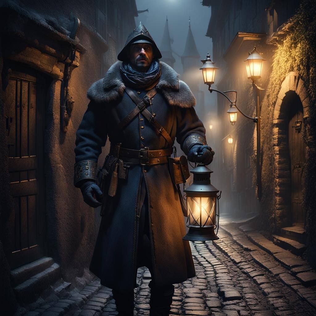 Guardsman in Fog-Bound Medieval Alleyway