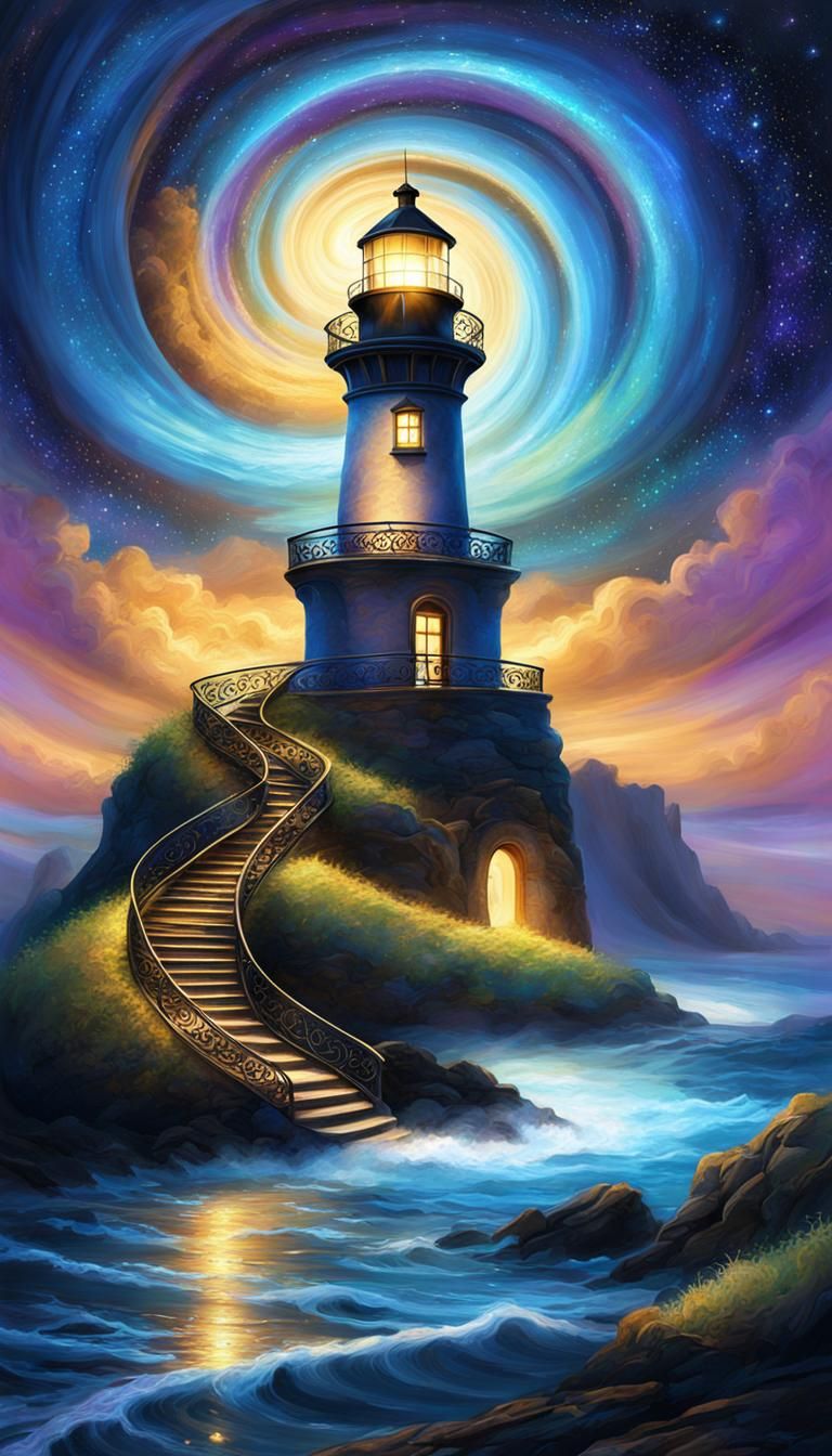 Mystical Lighthouse with Cosmic Patterns, Digital Art