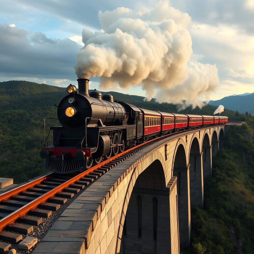 Photorealistic Steam Train on High Viaduct