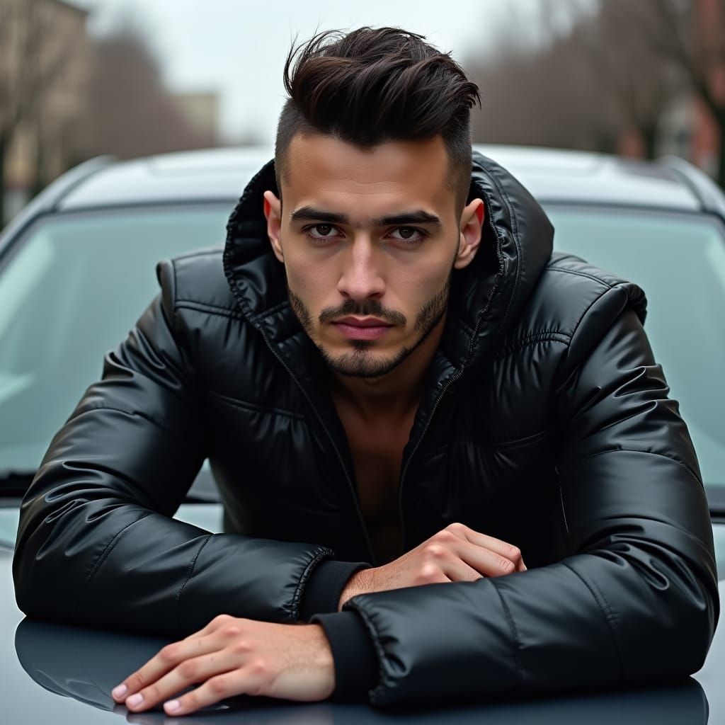 Handsome Man in Leather Jacket Leaning on Car