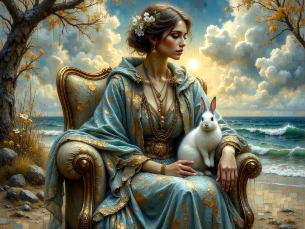 Mysterious Woman with White Rabbit in Cosmic Armchair