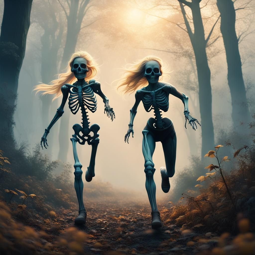 Scary Halloween: Girls Running in Haunted Forest