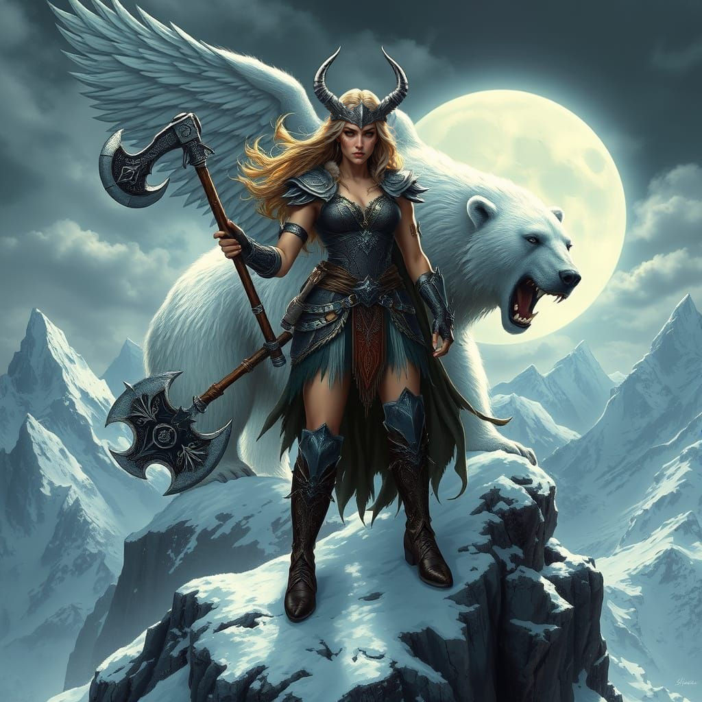 Valkyrie Warrior Stands Defiantly Amidst Snowy Mountain Peak...