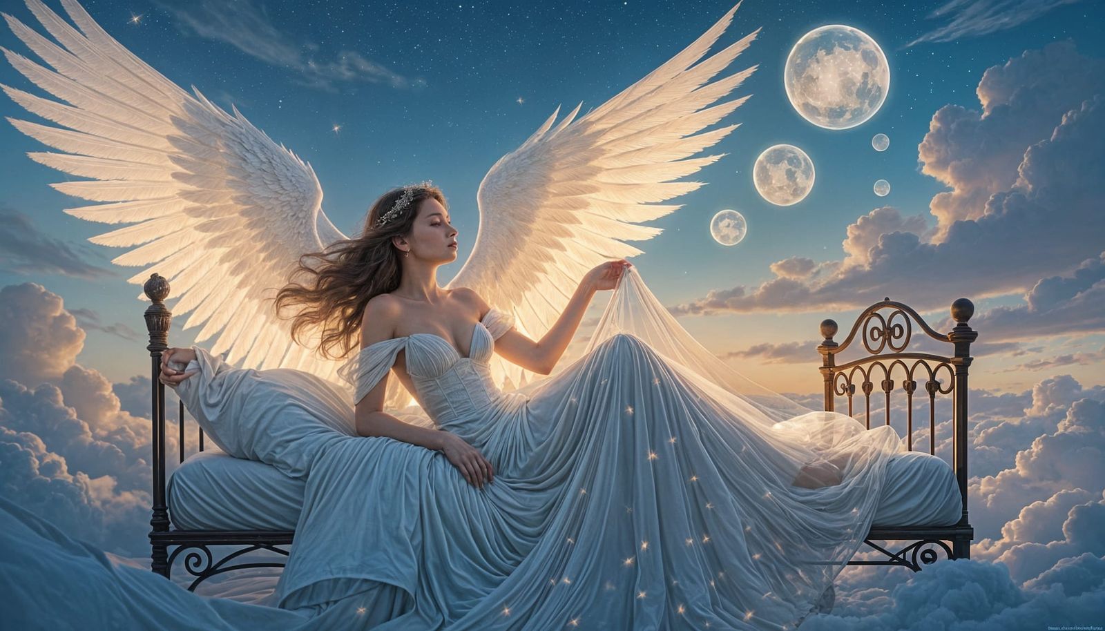 Dreamy Twilight: Winged Bed in Starry Sky