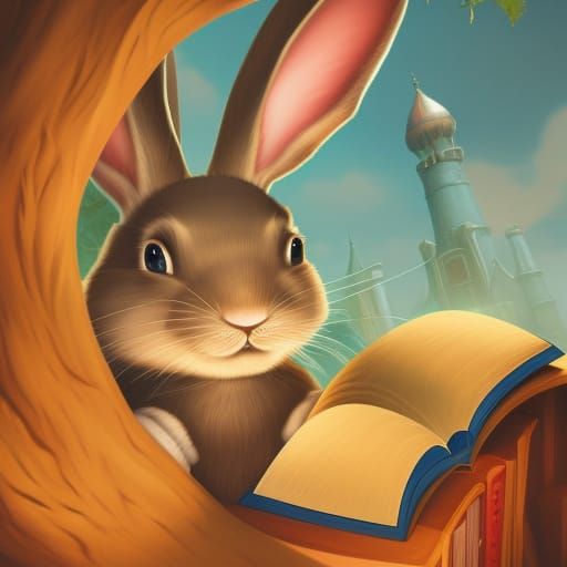 Anthropomorphic Rabbit Reading in Fantasy Town