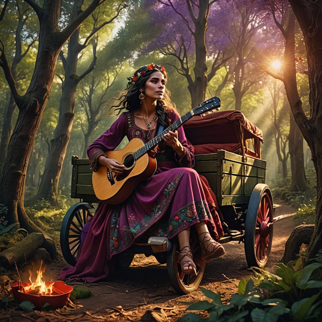 Happy-gypsy-woman, long-purple-dress, playing-guitar, old-red-green-wagon, forrest <dynamicArt<