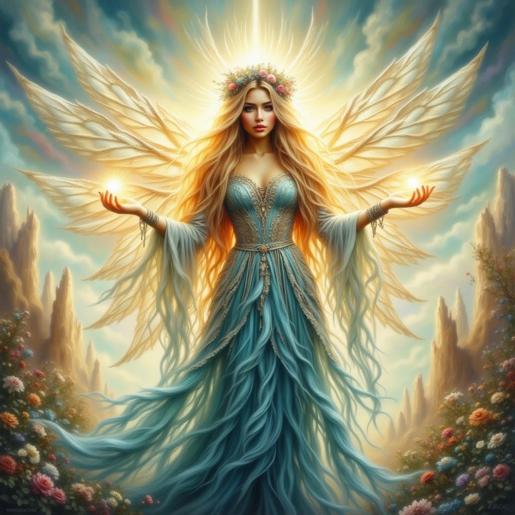 Ethereal Fairy Goddess Radiating Magic in Surreal Landscape