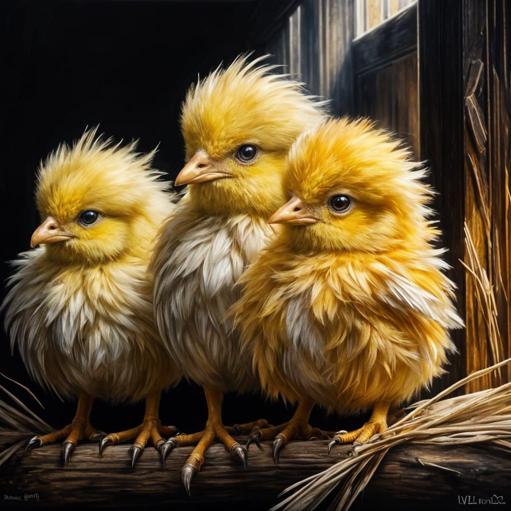 Hyperrealistic Oil Painting of 3 Fluffy Chicks in a Vintage ...