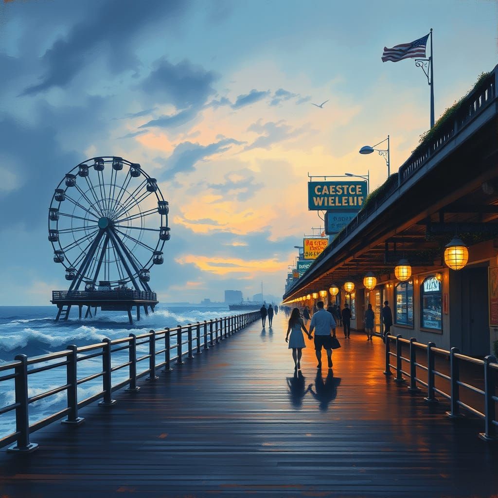 Serene Boardwalk at Dusk in Impasto Gouache Style