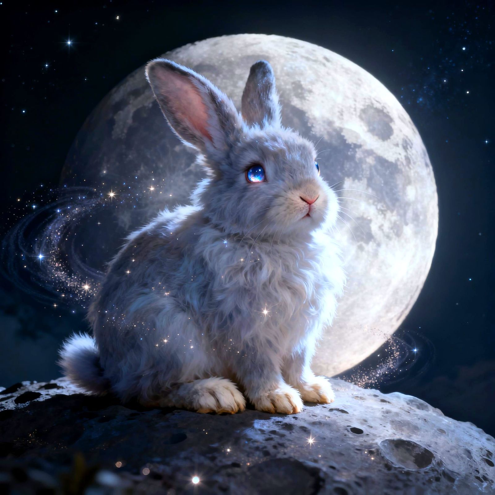 Cute Moon Rabbit with Fluffy Fur on Lunar Surface