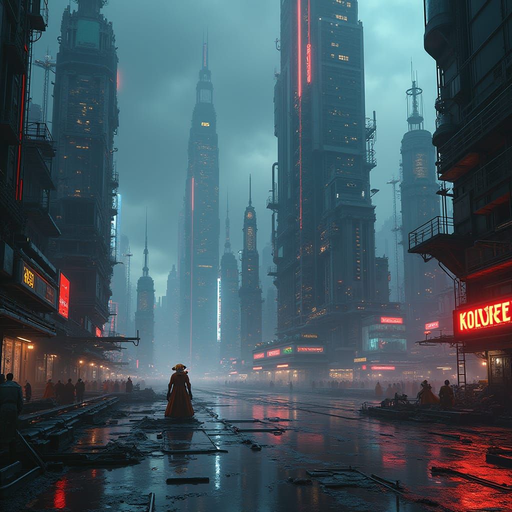 Cyberpunk Cityscape with Industrial Decay