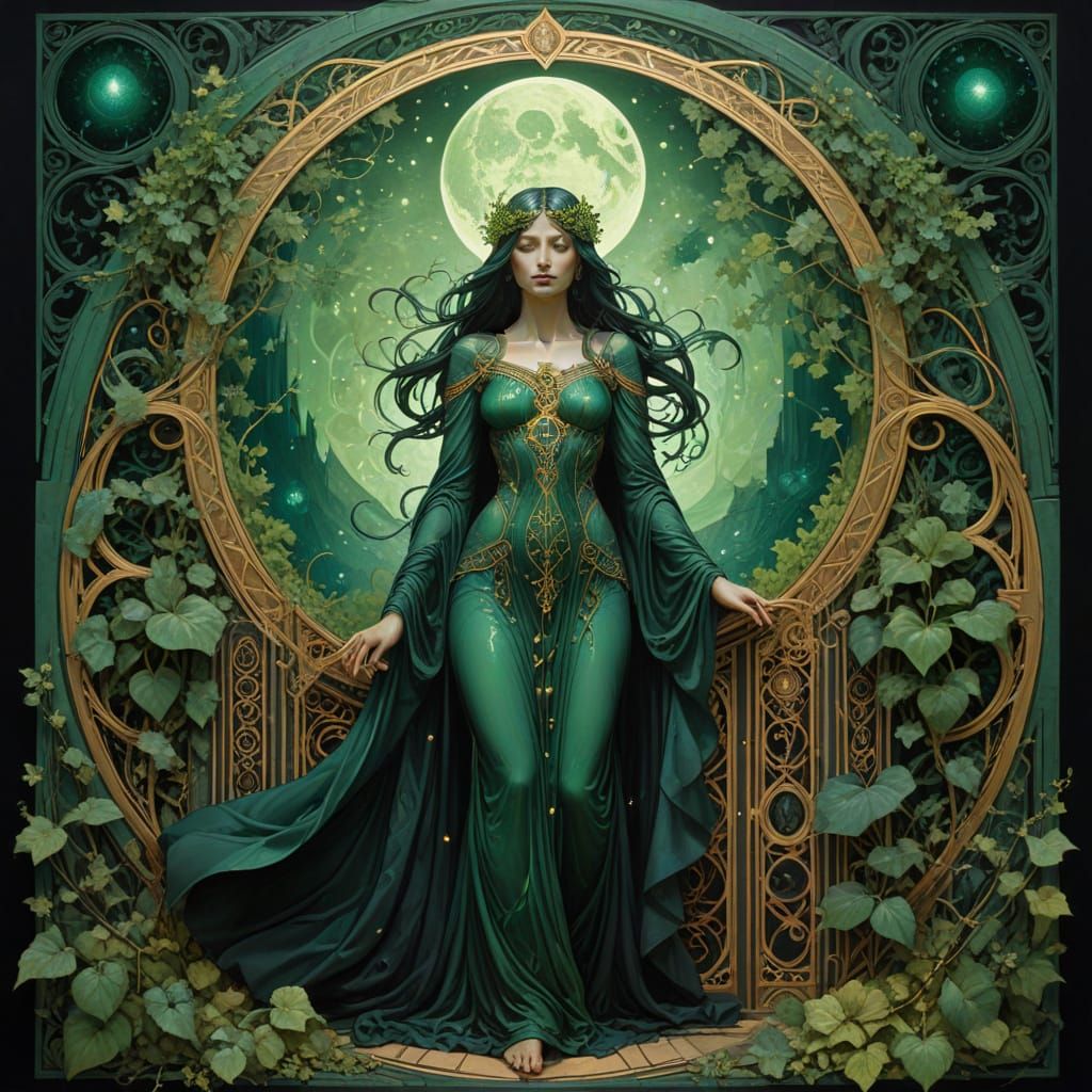 Gothic Emerald Crystal Castle Under Green Moonlight