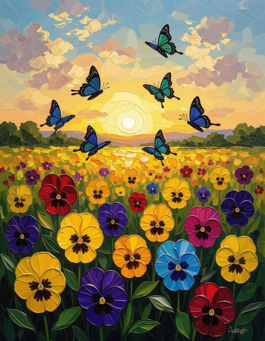 Van Gogh Style Pansy Field at Sunrise