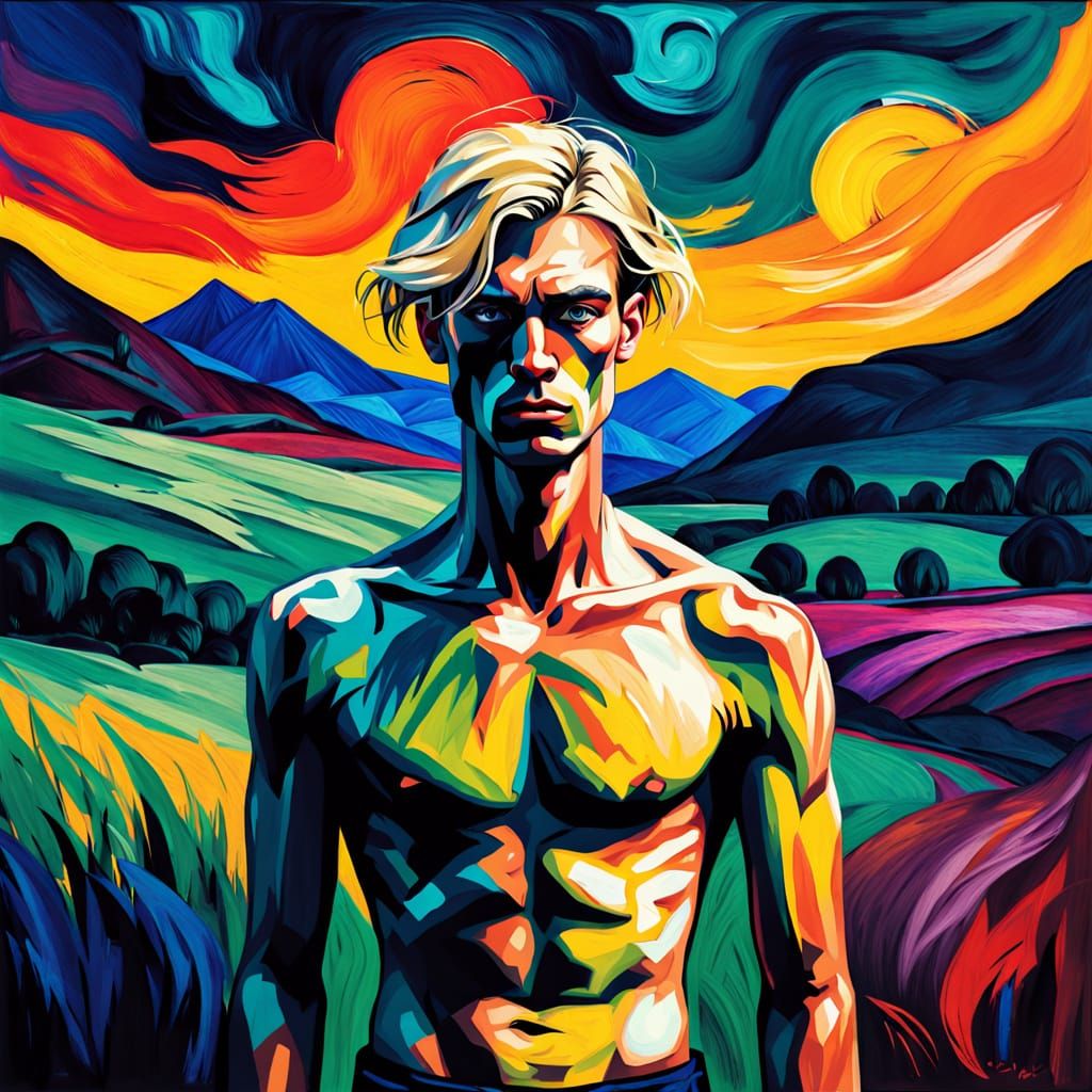 Distorted, Elongated Portrait in a Moody, Fauvist Landscape